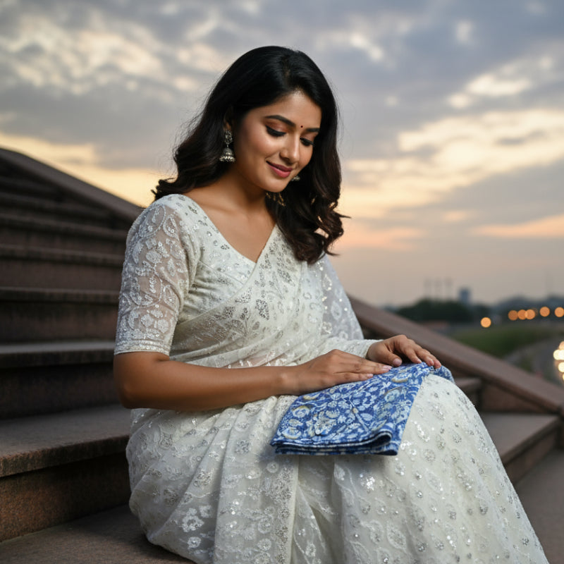 Blue floral-patterned towel in the lap of an Indian lady sitting on the stoned stairs.