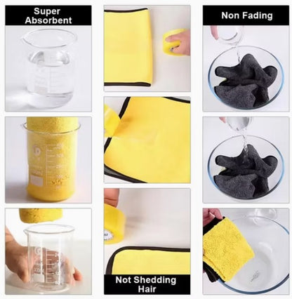 Collage of a yellow towel and black sponge with text highlighting features like absorbency, fading resistance, and hair shedding.