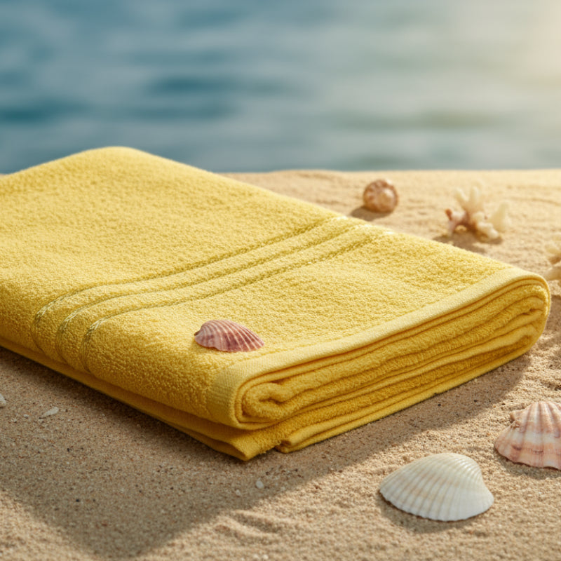 Yellow towel on a beach surface with sea shell and ocean in background.