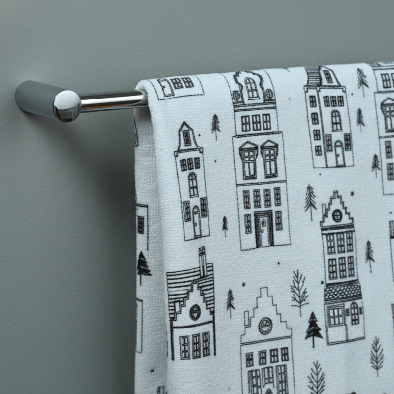 towel draped with black and white pattern