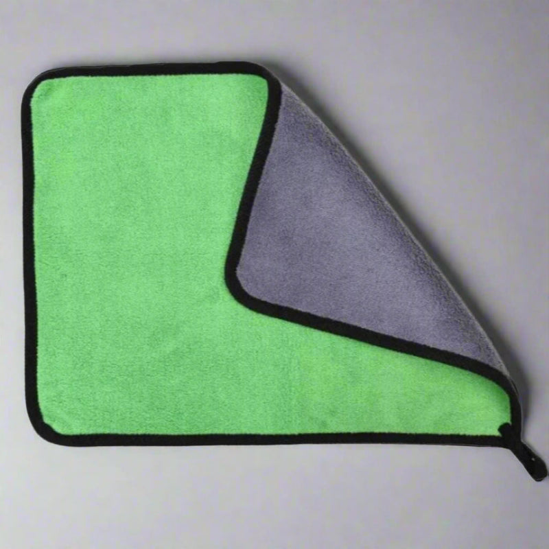 Microfiber cleaning cloth with green and gray.