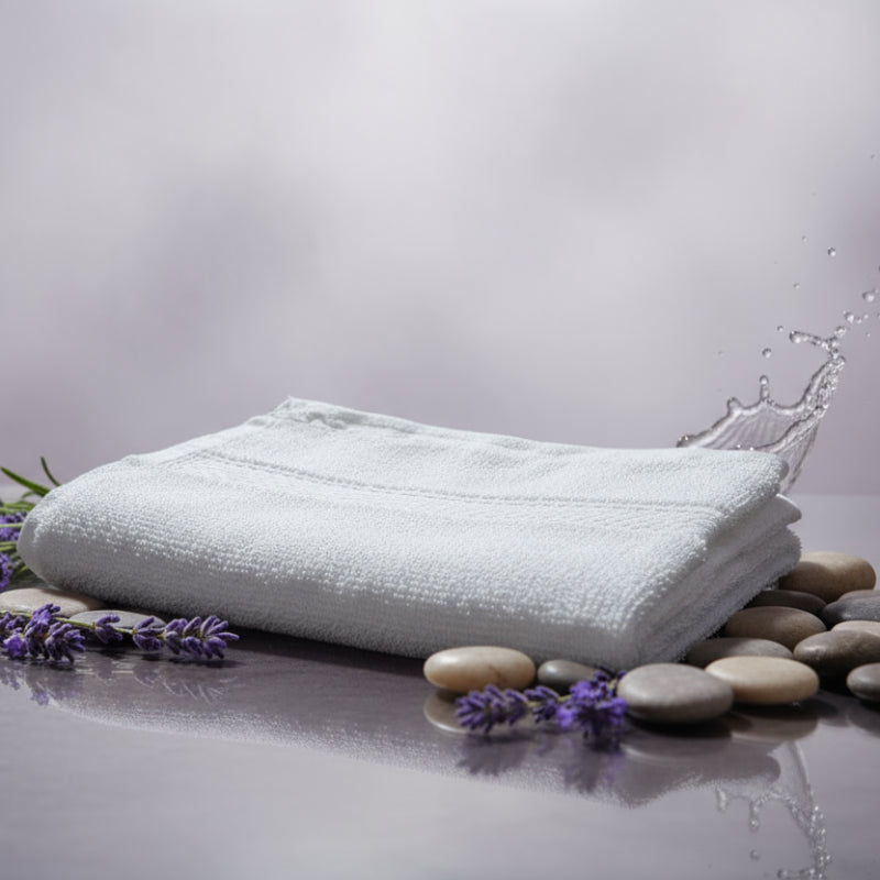 White towel on a purple background with stones and lavender flowers around.