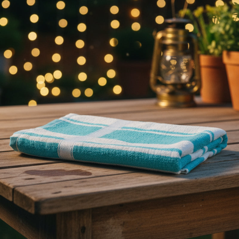 Folded turquoise and white checkered towel on a wooden table.
