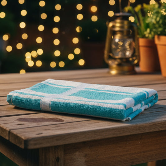 Folded turquoise and white checkered towel on a wooden table.